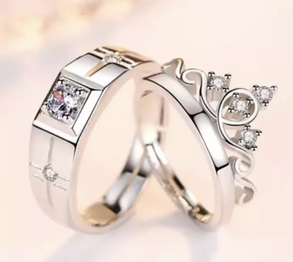 Miraclewood Valentine American diamond Adjustable Heart Love Ring Combo set Silver propose AD Couples 2 Finger Rings for girls women Couple girlfriend King Queen Gf BF lovers men boys